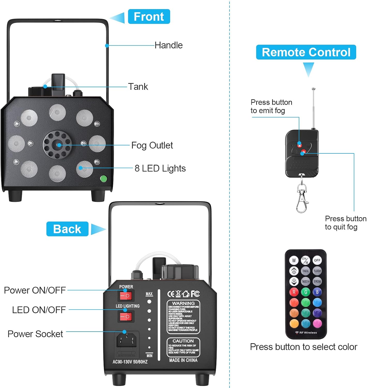 HAKUTA Light Rain and Splash Proof Fog Machine, 500W Smoke Machine with 2300 CFM Output of Fog & 2 Remotes, 8 LED Lights with 4 Light Effects for Outdoor Music Festival Pool Party Wedding DJ Stage