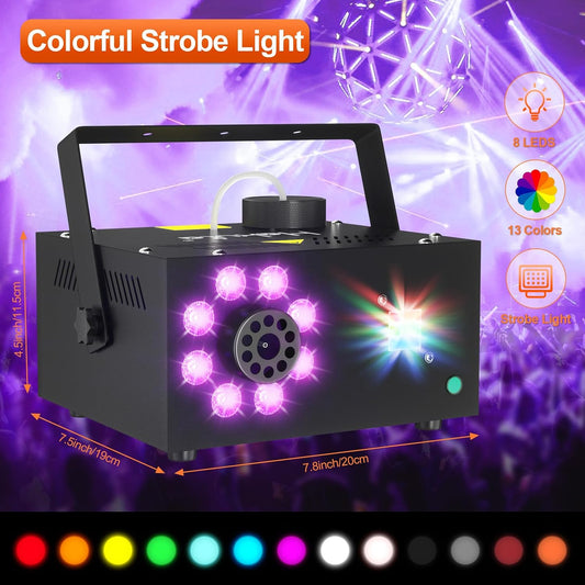 Hakuta 2000CFM Fog Machine with 13 Colors and 2 Wireless Remote Controls Party Smoke Machine with Colorful Strobe Light Indicate Light, Suitable for Parties, Wedding, Halloween, and DJ Stage