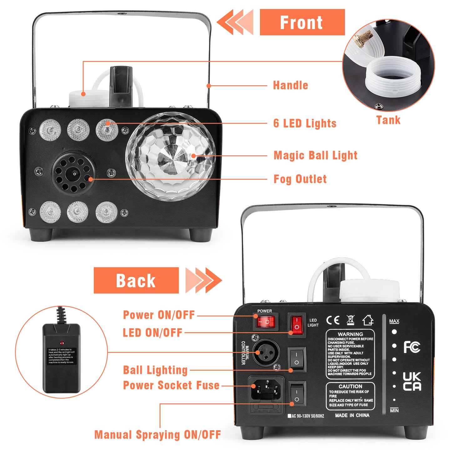 Fog Machine with Disco Ball Lights and LED RGB Lights