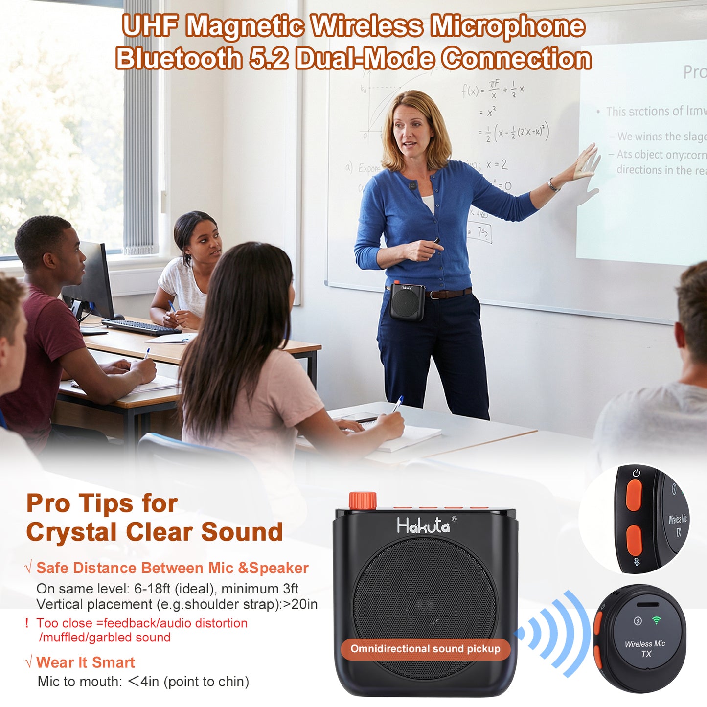 HAKUTA Wireless Voice Amplifier for Teachers, Portable Bluetooth Speaker with Magnetic Lavalier Microphone&2 Mic,Magnetic Dock with Auto-Charging included, For Classroom/Meetings/Training/Outdoor