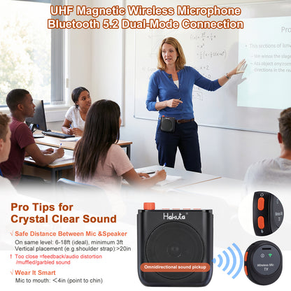 HAKUTA Wireless Voice Amplifier for Teachers, Portable Bluetooth Speaker with Magnetic Lavalier Microphone&2 Mic,Magnetic Dock with Auto-Charging included, For Classroom/Meetings/Training/Outdoor