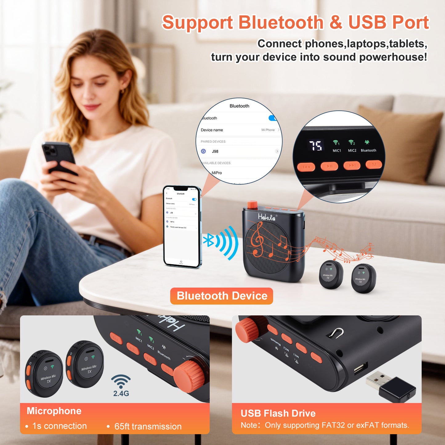 HAKUTA Wireless Voice Amplifier for Teachers, Portable Bluetooth Speaker with Magnetic Lavalier Microphone&2 Mic,Magnetic Dock with Auto-Charging included, For Classroom/Meetings/Training/Outdoor