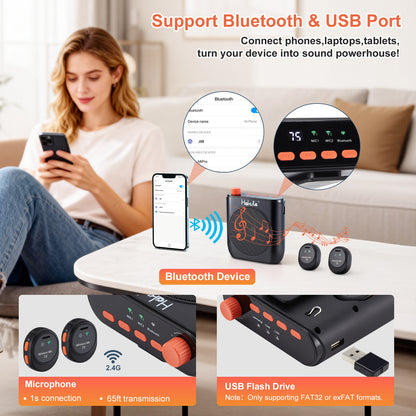 HAKUTA Wireless Voice Amplifier for Teachers, Portable Bluetooth Speaker with Magnetic Lavalier Microphone&2 Mic,Magnetic Dock with Auto-Charging included, For Classroom/Meetings/Training/Outdoor