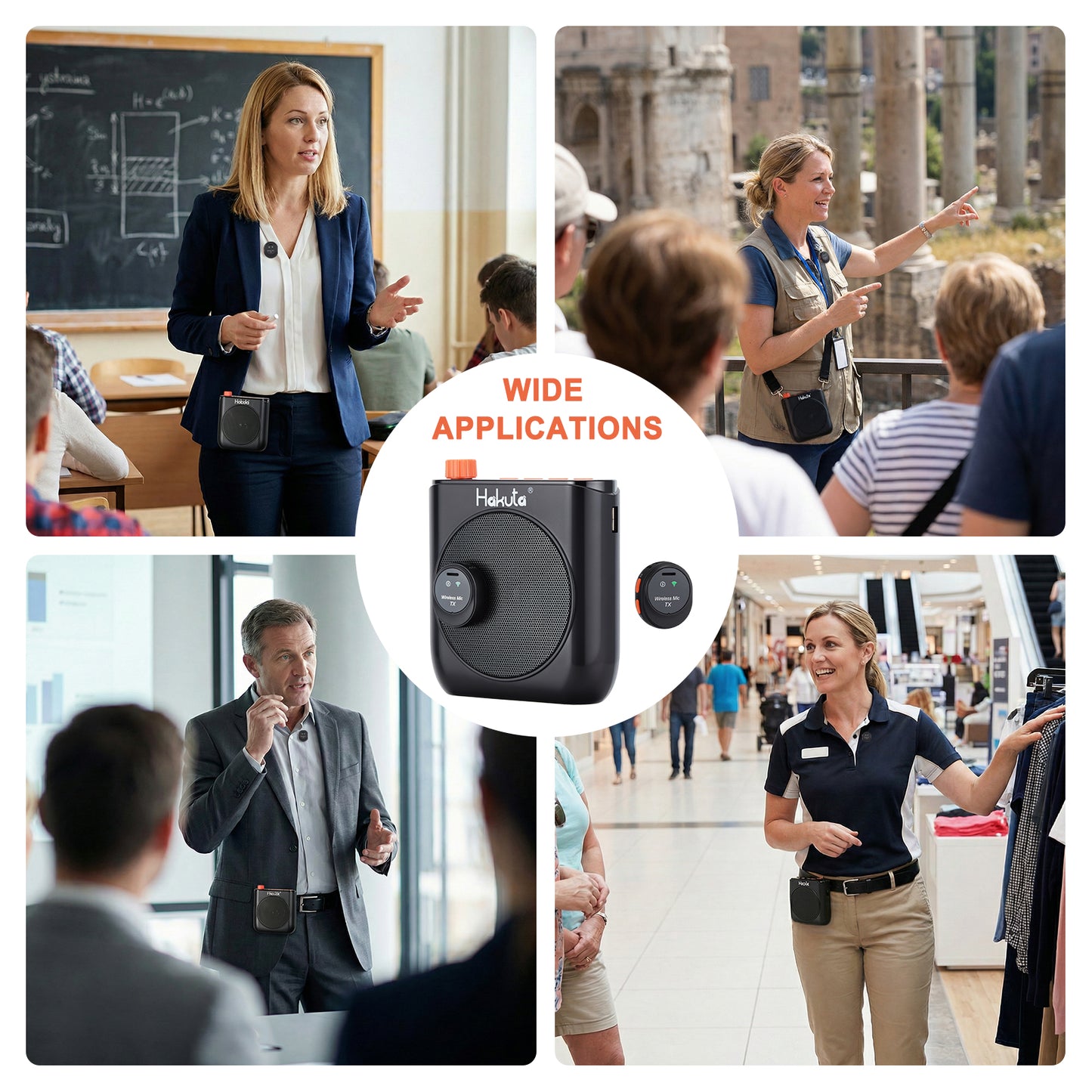 HAKUTA Wireless Voice Amplifier for Teachers, Portable Bluetooth Speaker with Magnetic Lavalier Microphone&2 Mic,Magnetic Dock with Auto-Charging included, For Classroom/Meetings/Training/Outdoor