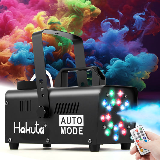 Hakuta Automatic Fog Machine with Racing, Jumping, Fading, Flashing Modes with18 Colorful LED Lights, with dry burn protection, for Halloween, Christmas, Wedding and Stage DJ Party