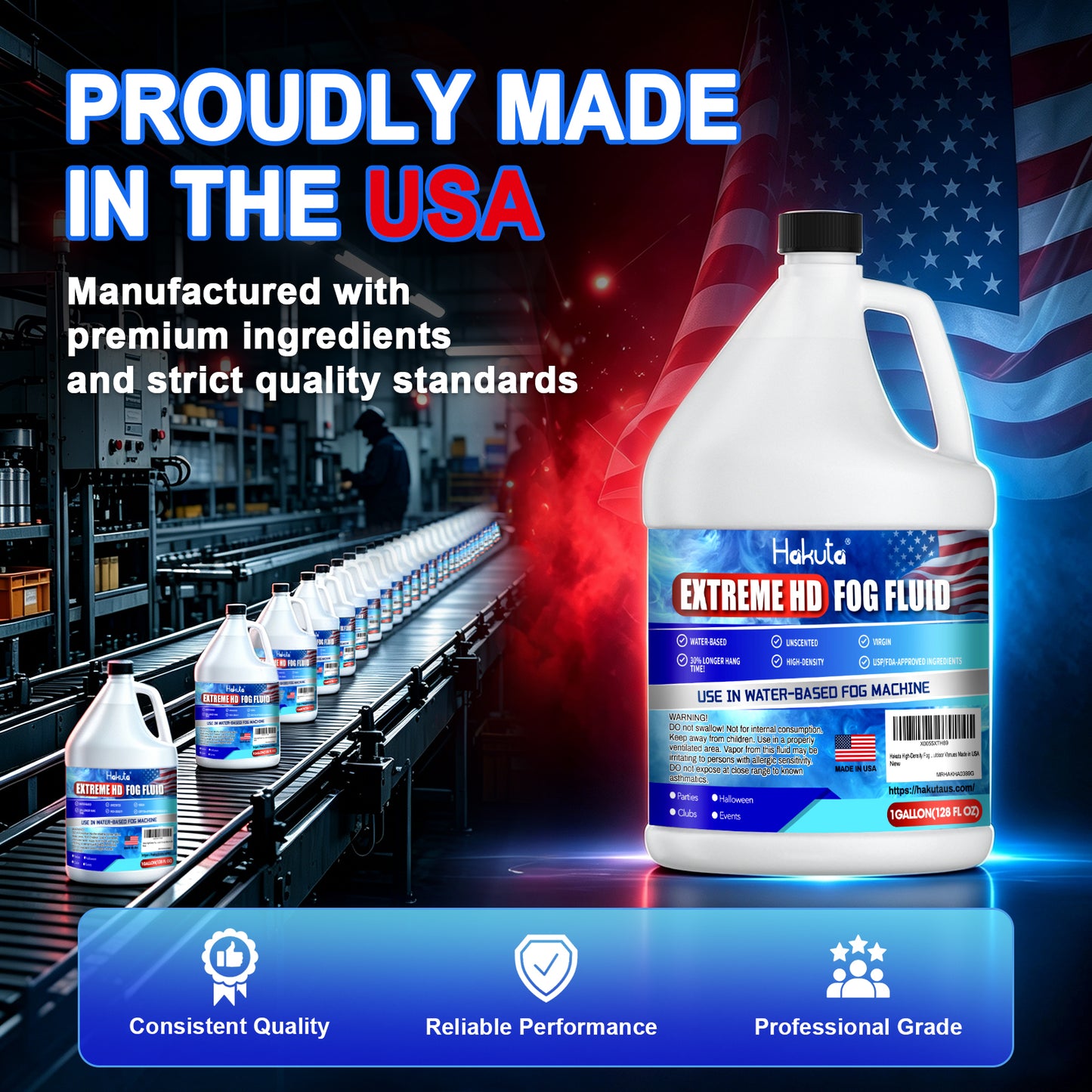 Hakuta EXTREMLY High-Density Fog Machine Fluid Made in USA, 1 Gallon High Output Long-Lasting Fog Juice,for 400-1500 Watt Water-Based Fog Machines,for Indoor and Outdoor Venues