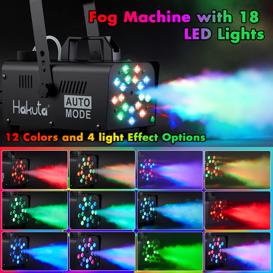 Hakuta Automatic Fog Machine with Racing, Jumping, Fading, Flashing Modes with18 Colorful LED Lights, with dry burn protection, for Halloween, Christmas, Wedding and Stage DJ Party