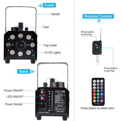HAKUTA Light Rain and Splash Proof Fog Machine, 500W Smoke Machine with 2300 CFM Output of Fog & 2 Remotes, 8 LED Lights with 4 Light Effects for Outdoor Music Festival Pool Party Wedding DJ Stage