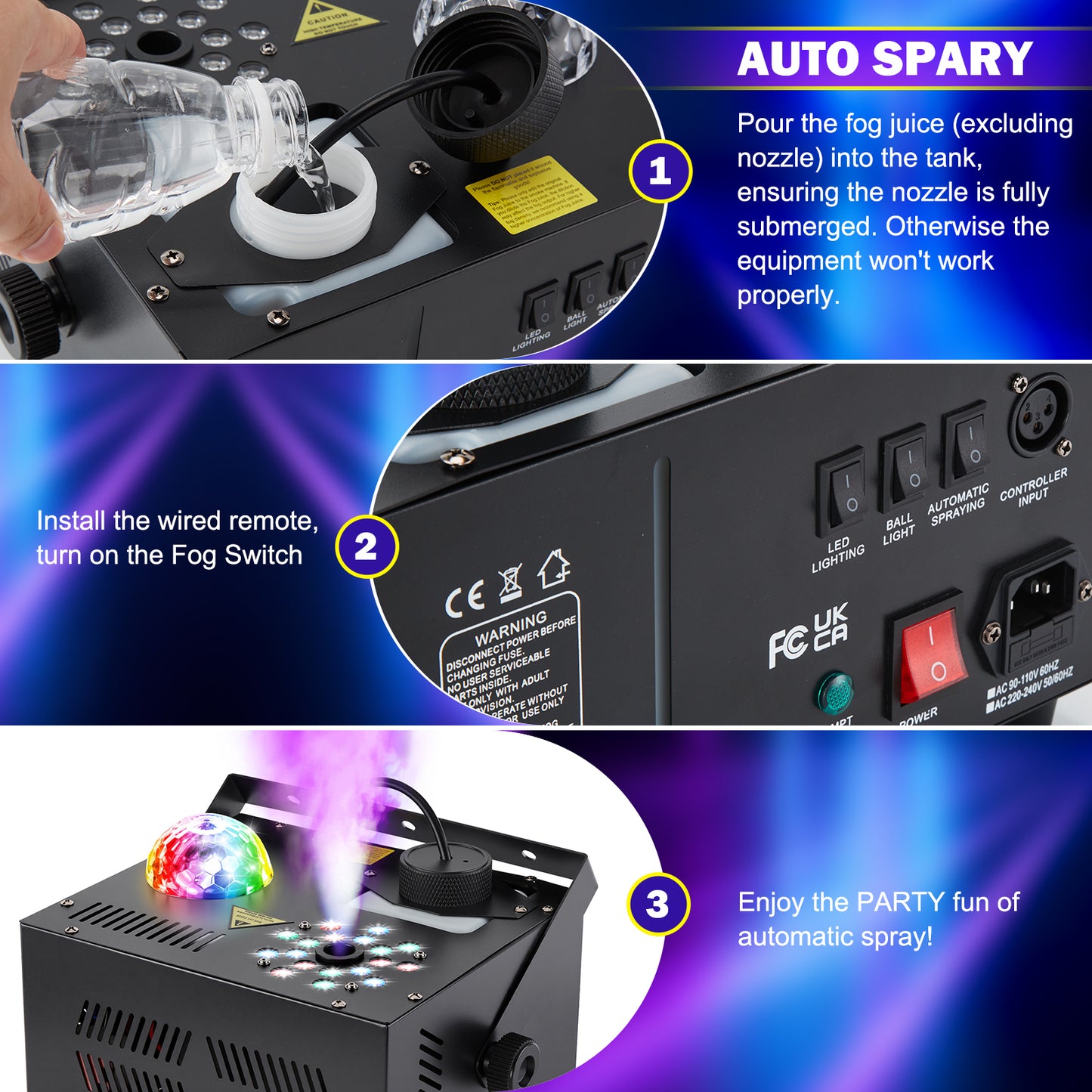 Hakuta 1500W Vertical Fog Machine with 18 LED Lights, Disco Ball with dry burn protection, for Halloween, Wedding, Disco Club, Christmas ,Party, DJ Performance