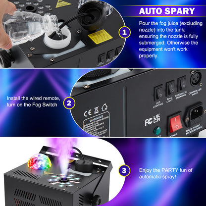 Hakuta 1500W Vertical Fog Machine with 18 LED Lights, Disco Ball with dry burn protection, for Halloween, Wedding, Disco Club, Christmas ,Party, DJ Performance
