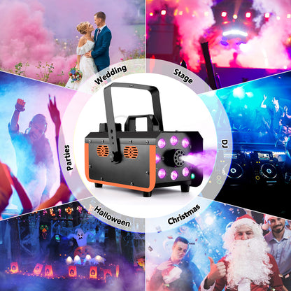 HAKUTA Light Rain and Splash Proof Fog Machine, 500W Smoke Machine with 2300 CFM Output of Fog & 2 Remotes, 8 LED Lights with 4 Light Effects for Outdoor Music Festival Pool Party Wedding DJ Stage