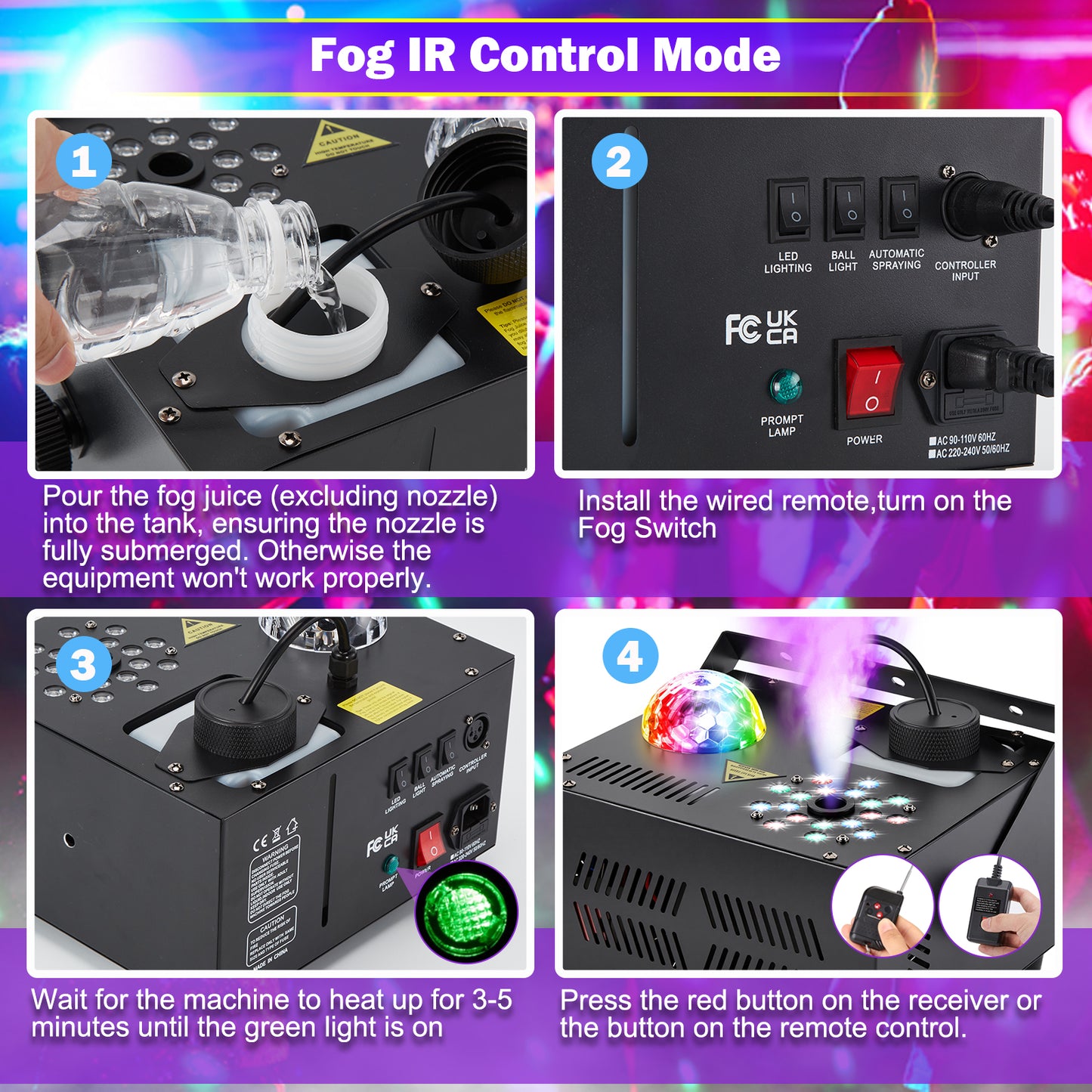 Hakuta 1500W Vertical Fog Machine with 18 LED Lights, Disco Ball with dry burn protection, for Halloween, Wedding, Disco Club, Christmas ,Party, DJ Performance