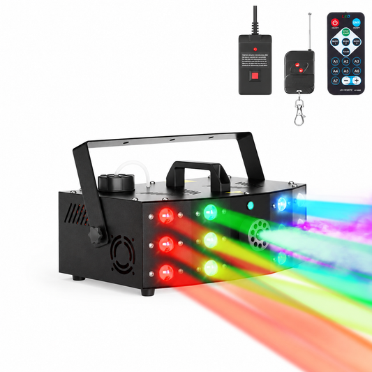 Hakuta Fog Machine Smoke Machine with 12 LED Colorful Beam Light with DMX Light Control&Manual Control&Wireless Remote,with dry burn protection,for Wedding,Halloween,Party and Stage Effect