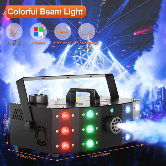 Hakuta Fog Machine Smoke Machine with 12 LED Colorful Beam Light with DMX Light Control&Manual Control&Wireless Remote,with dry burn protection,for Wedding,Halloween,Party and Stage Effect