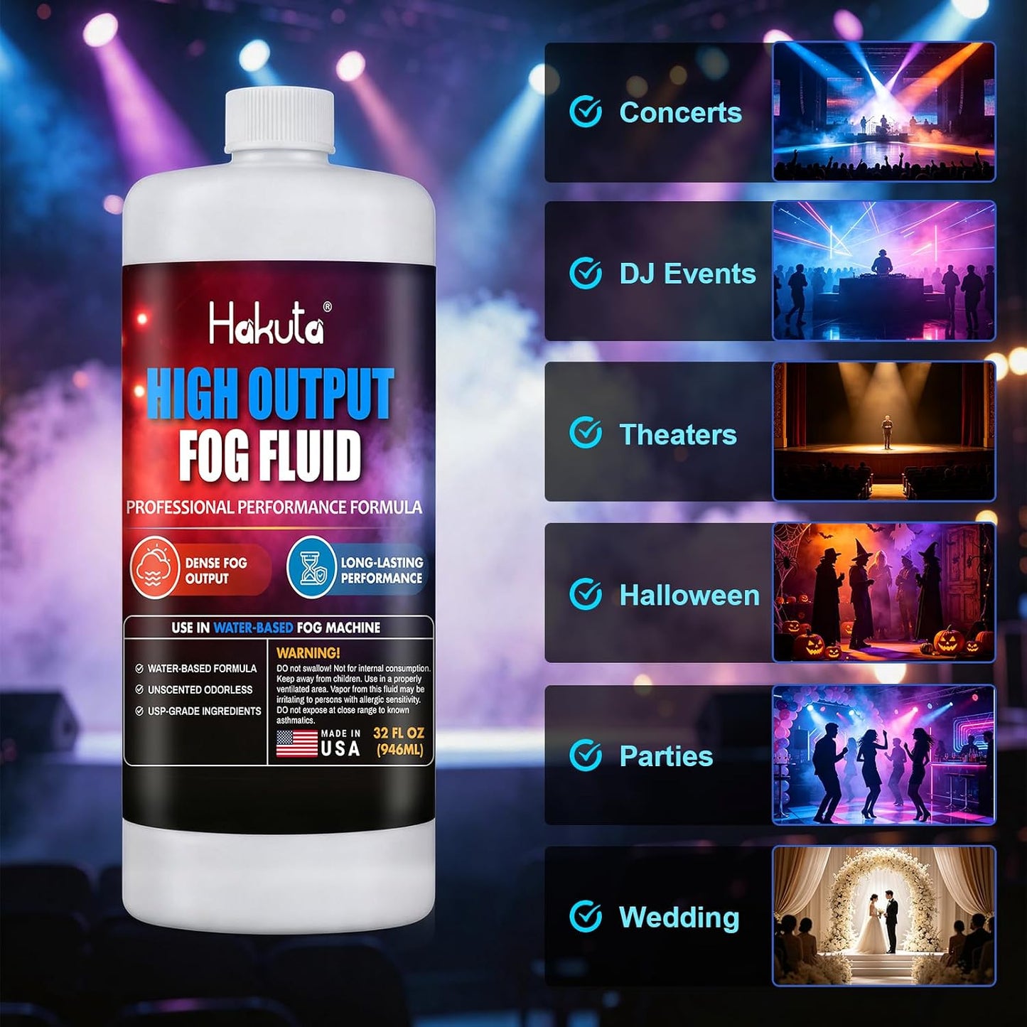 Hakuta High Density Fog Machine Fluid 32oz,Water Based Fog Juice F Safe for Outdoor and Indoor Use, Universal Compatibility With Standard Fog Machines, Medium Density Long-Lasting Fog Effect Visit the HAKUTA Store