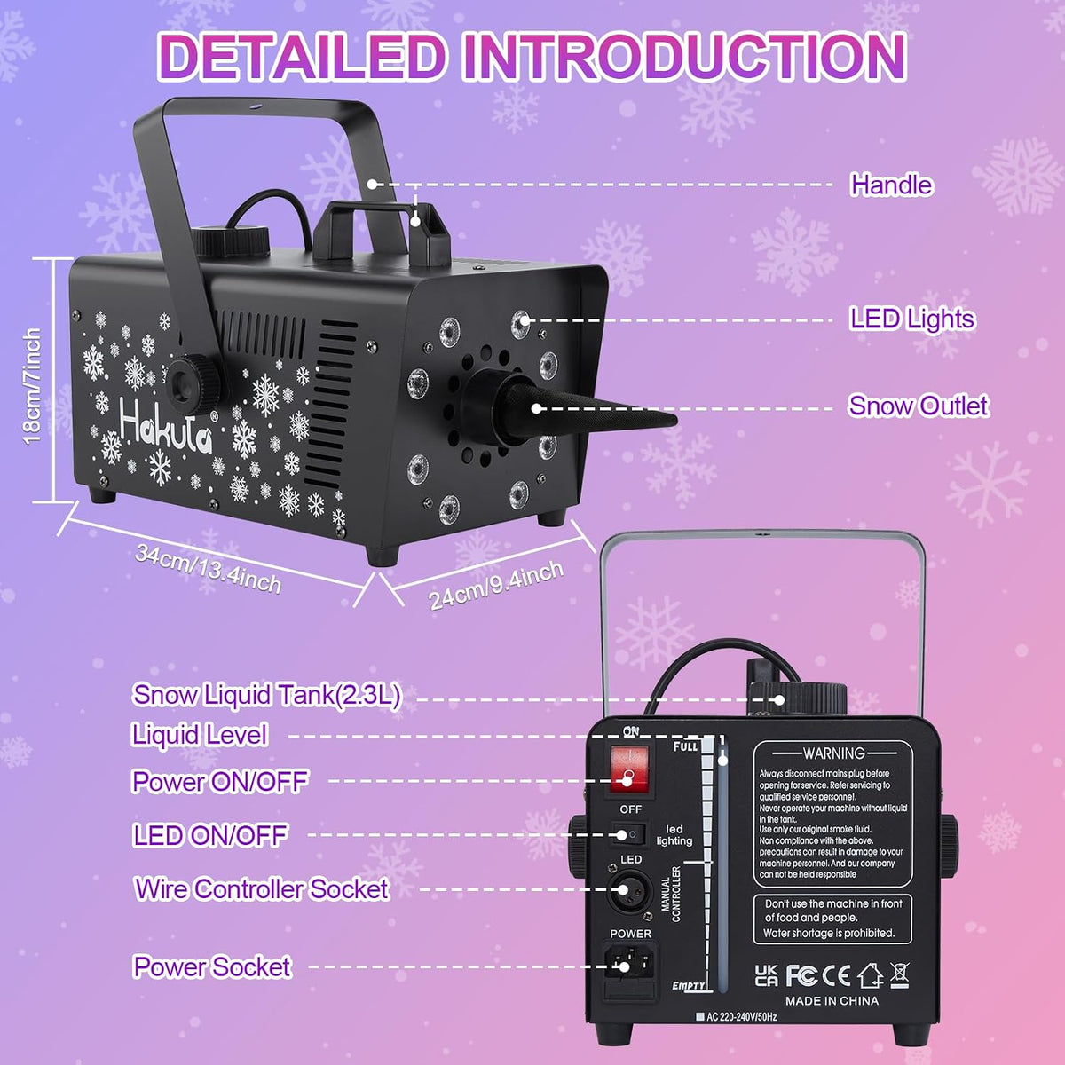 Hakuta 1000W Snow Machine with 8 LED RGB Lights Adjustable Snowflake, High Output,for Christmas, Halloween, Valentine's Day, Wedding, Parties and DJ Stage Indoor Outdoor