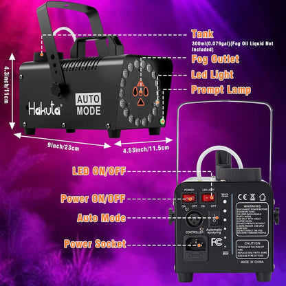 Hakuta Fog Machine, 2300 CFM Spray Automatic Smoke Machine with Racing, Jumping, Fading, Flashing LED Modes 18 Colorful LED Lights,for Halloween, Christmas, Wedding and Parties