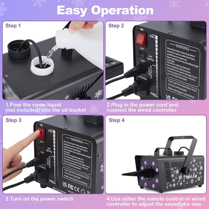 Hakuta 1000W Snow Machine with 8 LED RGB Lights Adjustable Snowflake, High Output,for Christmas, Halloween, Valentine's Day, Wedding, Parties and DJ Stage Indoor Outdoor