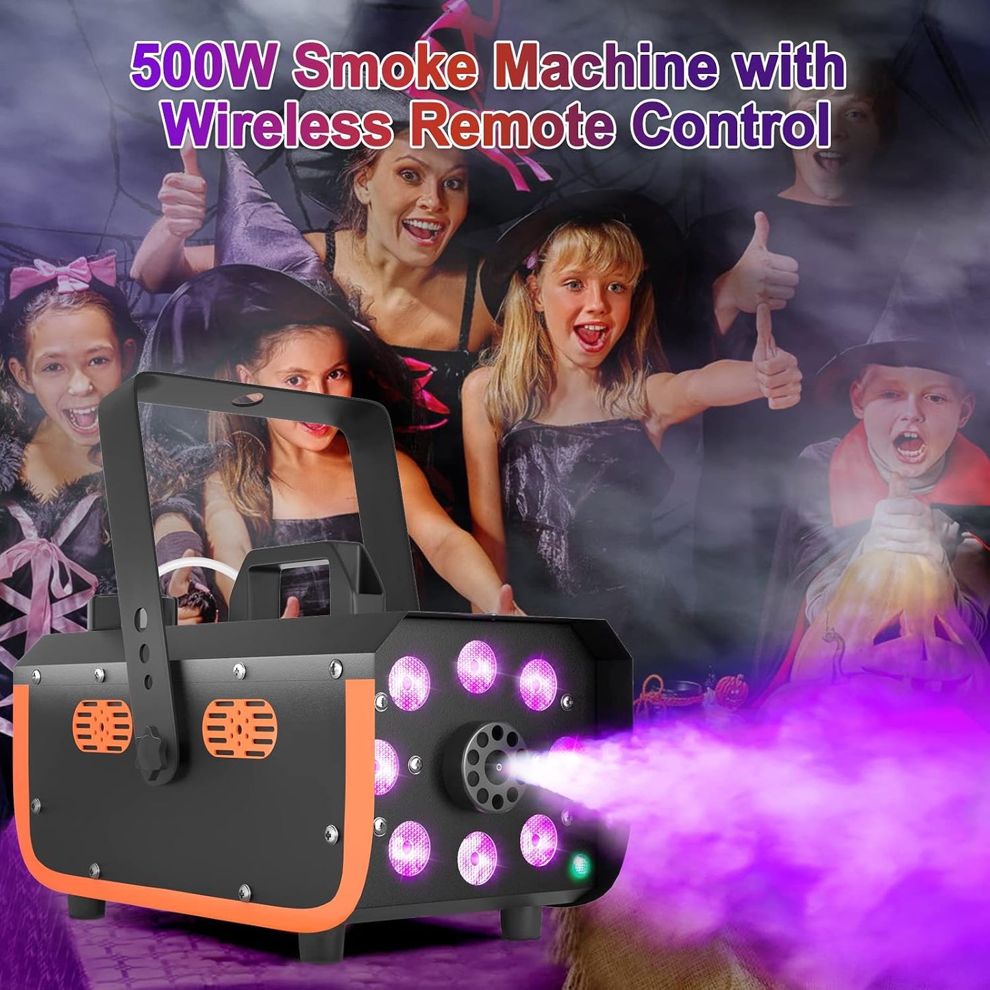 HAKUTA Light Rain and Splash Proof Fog Machine, 500W Smoke Machine with 2300 CFM Output of Fog & 2 Remotes, 8 LED Lights with 4 Light Effects for Outdoor Music Festival Pool Party Wedding DJ Stage