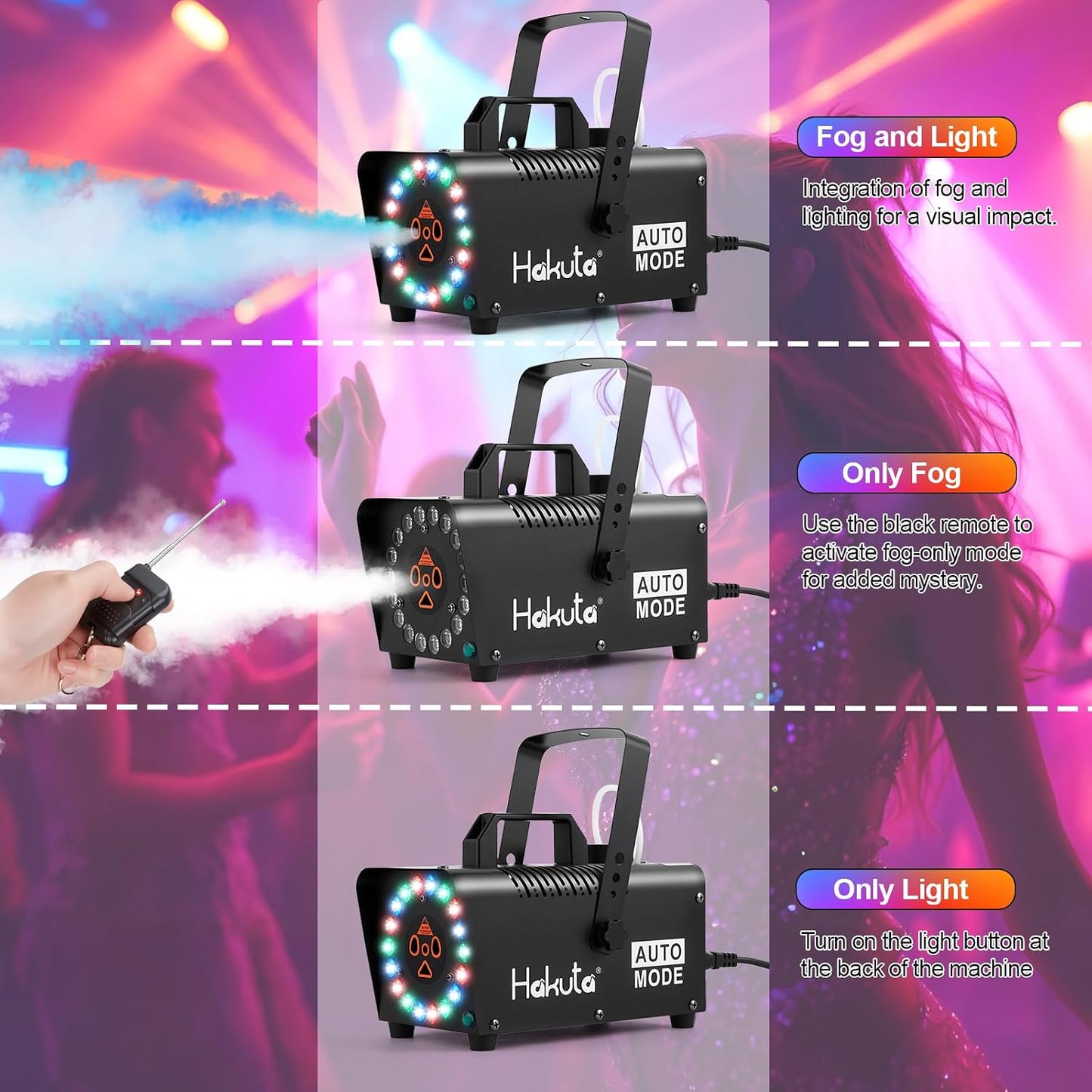 Hakuta Fog Machine, 2300 CFM Spray Automatic Smoke Machine with Racing, Jumping, Fading, Flashing LED Modes 18 Colorful LED Lights,for Halloween, Christmas, Wedding and Parties
