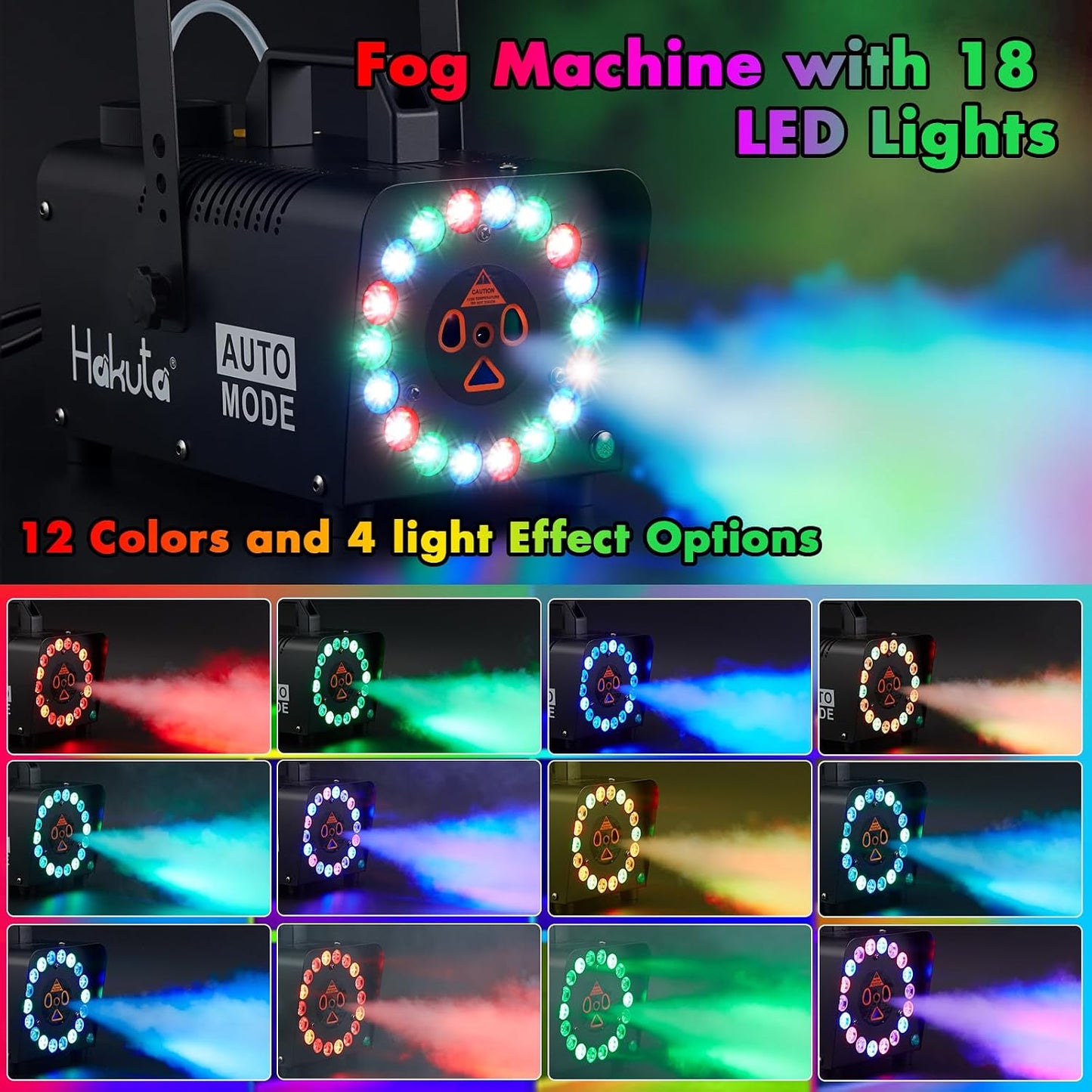 Hakuta Fog Machine, 2300 CFM Spray Automatic Smoke Machine with Racing, Jumping, Fading, Flashing LED Modes 18 Colorful LED Lights,for Halloween, Christmas, Wedding and Parties