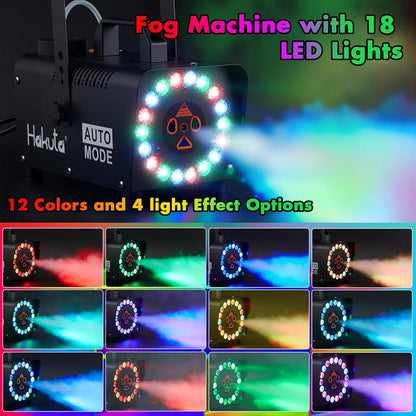 Hakuta Fog Machine, 2300 CFM Spray Automatic Smoke Machine with Racing, Jumping, Fading, Flashing LED Modes 18 Colorful LED Lights,for Halloween, Christmas, Wedding and Parties