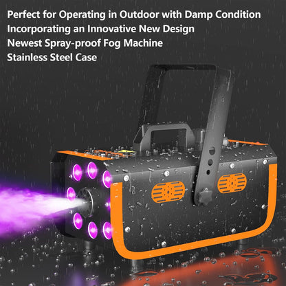 HAKUTA Light Rain and Splash Proof Fog Machine, 500W Smoke Machine with 2300 CFM Output of Fog & 2 Remotes, 8 LED Lights with 4 Light Effects for Outdoor Music Festival Pool Party Wedding DJ Stage