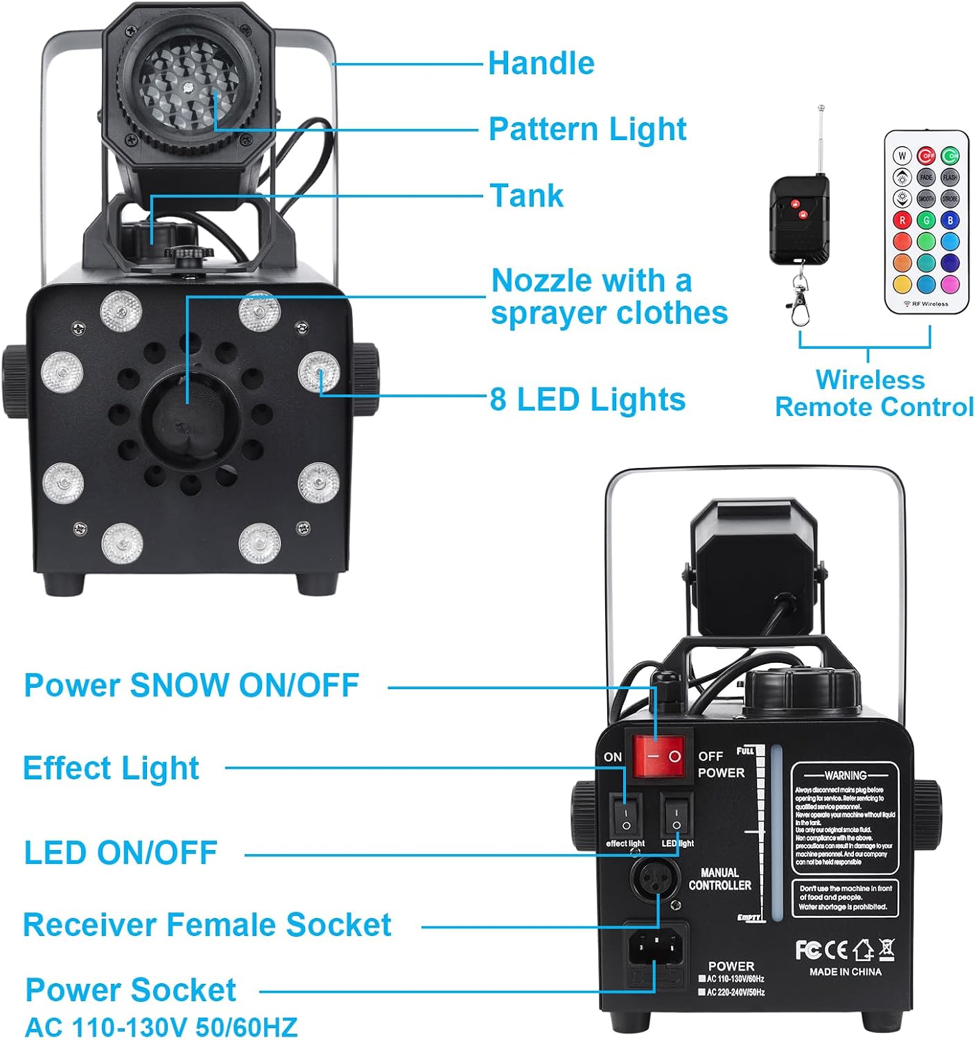 Hakuta Upgraded 800W Snow Machine with 8 LED RGB Lights 900ml Large Capacity Tank,with LED Projection, 2 Wireless Remotes,for Christmas, Halloween, Parties, Wedding and DJ Stage