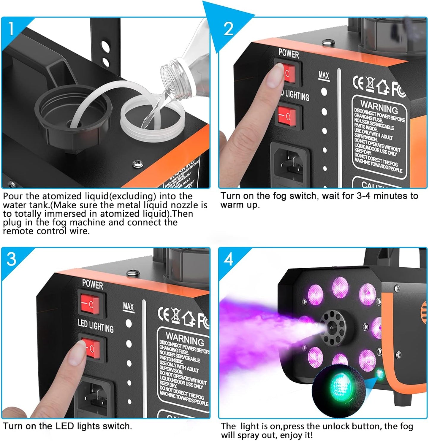 HAKUTA Light Rain and Splash Proof Fog Machine, 500W Smoke Machine with 2300 CFM Output of Fog & 2 Remotes, 8 LED Lights with 4 Light Effects for Outdoor Music Festival Pool Party Wedding DJ Stage