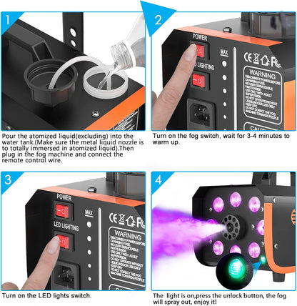 HAKUTA Light Rain and Splash Proof Fog Machine, 500W Smoke Machine with 2300 CFM Output of Fog & 2 Remotes, 8 LED Lights with 4 Light Effects for Outdoor Music Festival Pool Party Wedding DJ Stage