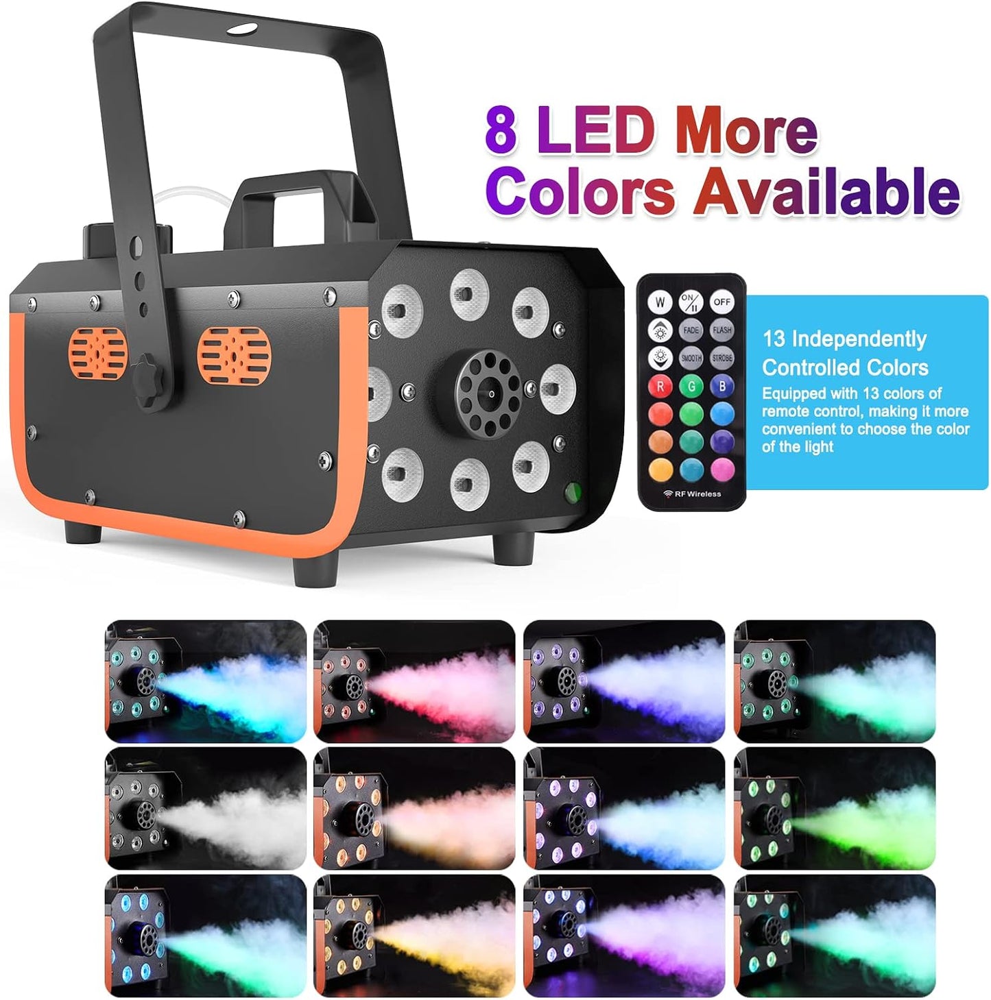 HAKUTA Light Rain and Splash Proof Fog Machine, 500W Smoke Machine with 2300 CFM Output of Fog & 2 Remotes, 8 LED Lights with 4 Light Effects for Outdoor Music Festival Pool Party Wedding DJ Stage