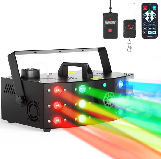 Hakuta Fog Machine Smoke Machine with 12 LED Colorful Beam Light with DMX Light Control&Manual Control&Wireless Remote,with dry burn protection,for Wedding,Halloween,Party and Stage Effect