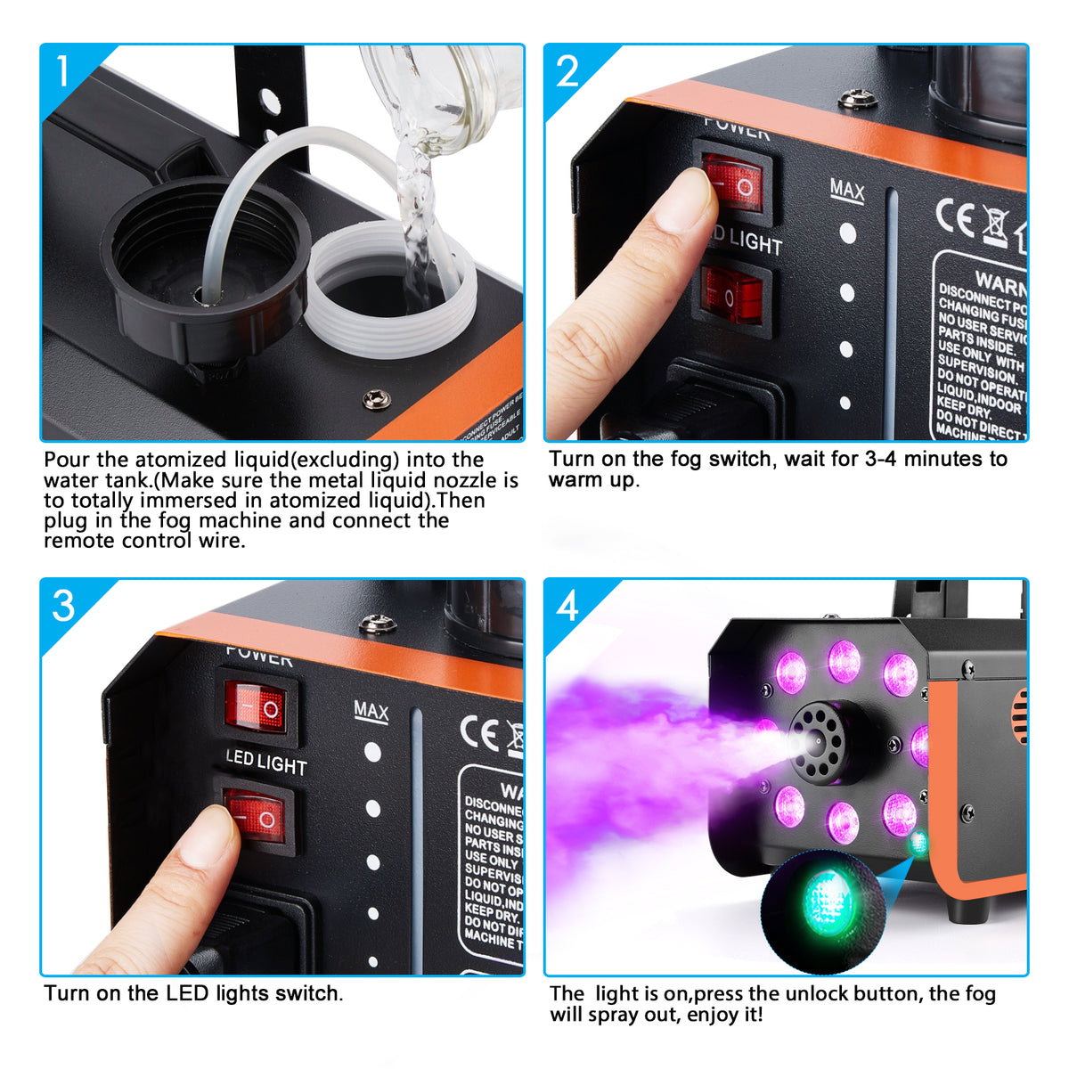 HAKUTA Light Rain and Splash Proof Fog Machine, 500W Smoke Machine with 2300 CFM Output of Fog & 2 Remotes, 8 LED Lights with 4 Light Effects for Outdoor Music Festival Pool Party Wedding DJ Stage