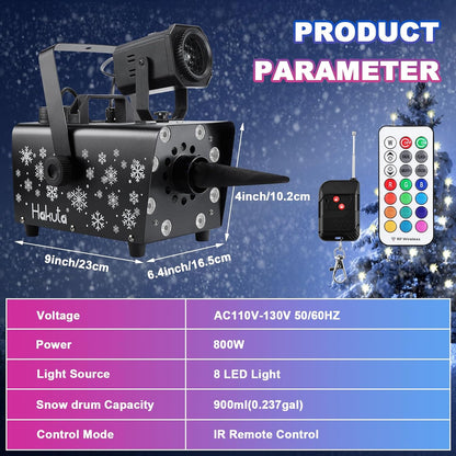 Hakuta Upgraded 800W Snow Machine with 8 LED RGB Lights 900ml Large Capacity Tank,with LED Projection, 2 Wireless Remotes,for Christmas, Halloween, Parties, Wedding and DJ Stage