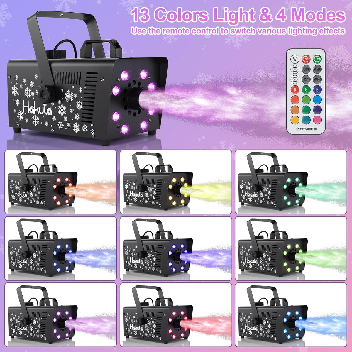Hakuta 1000W Snow Machine with 8 LED RGB Lights Adjustable Snowflake, High Output,for Christmas, Halloween, Valentine's Day, Wedding, Parties and DJ Stage Indoor Outdoor