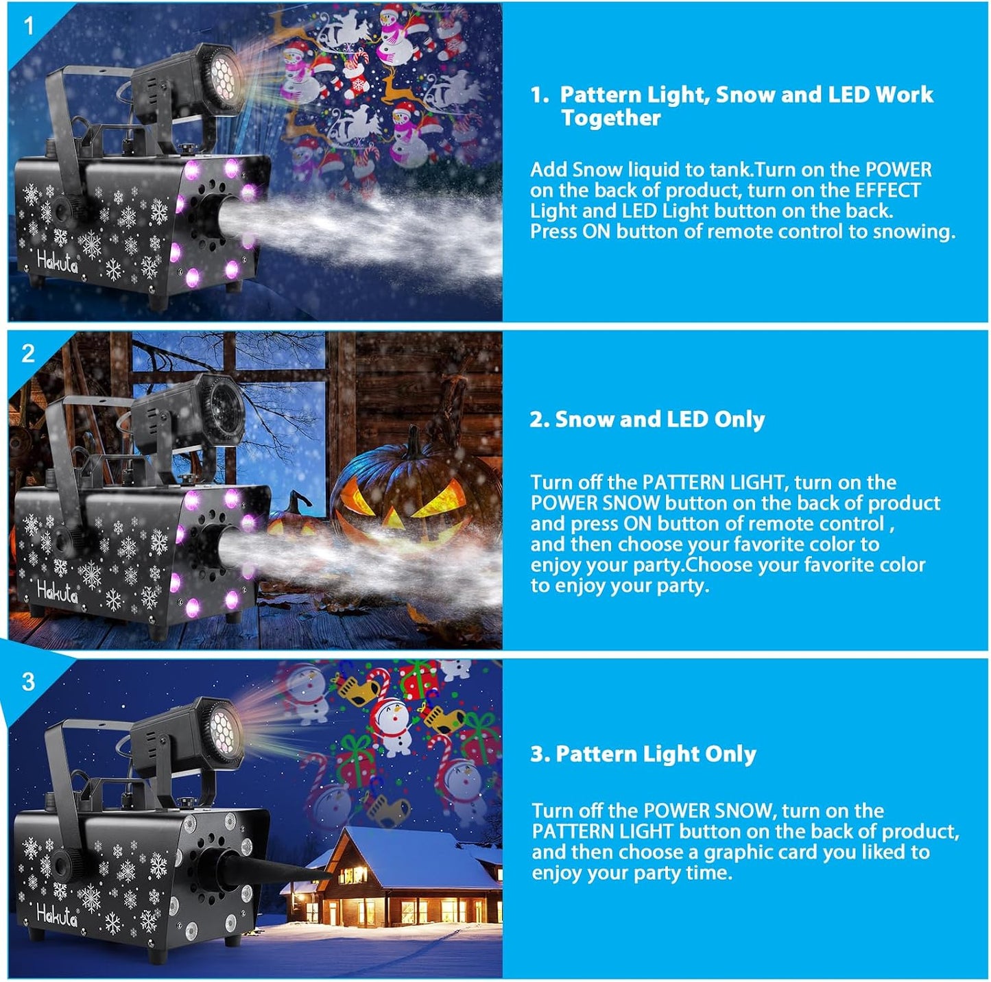 Hakuta Upgraded 800W Snow Machine with 8 LED RGB Lights 900ml Large Capacity Tank,with LED Projection, 2 Wireless Remotes,for Christmas, Halloween, Parties, Wedding and DJ Stage