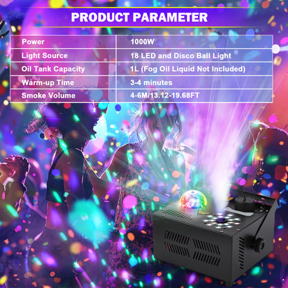 Hakuta 1500W Vertical Fog Machine with 18 LED Lights, Disco Ball with dry burn protection, for Halloween, Wedding, Disco Club, Christmas ,Party, DJ Performance