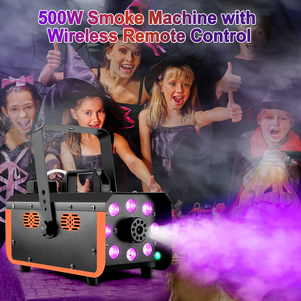 HAKUTA Light Rain and Splash Proof Fog Machine, 500W Smoke Machine with 2300 CFM Output of Fog & 2 Remotes, 8 LED Lights with 4 Light Effects for Outdoor Music Festival Pool Party Wedding DJ Stage