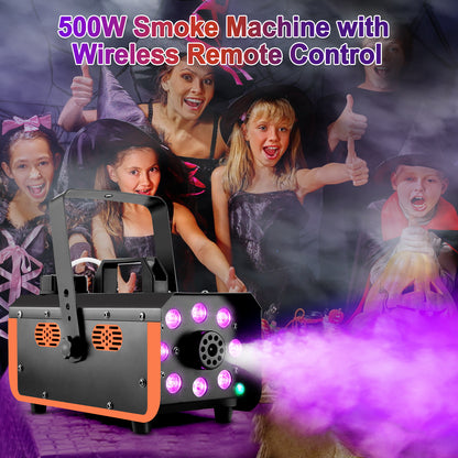 HAKUTA Light Rain and Splash Proof Fog Machine, 500W Smoke Machine with 2300 CFM Output of Fog & 2 Remotes, 8 LED Lights with 4 Light Effects for Outdoor Music Festival Pool Party Wedding DJ Stage