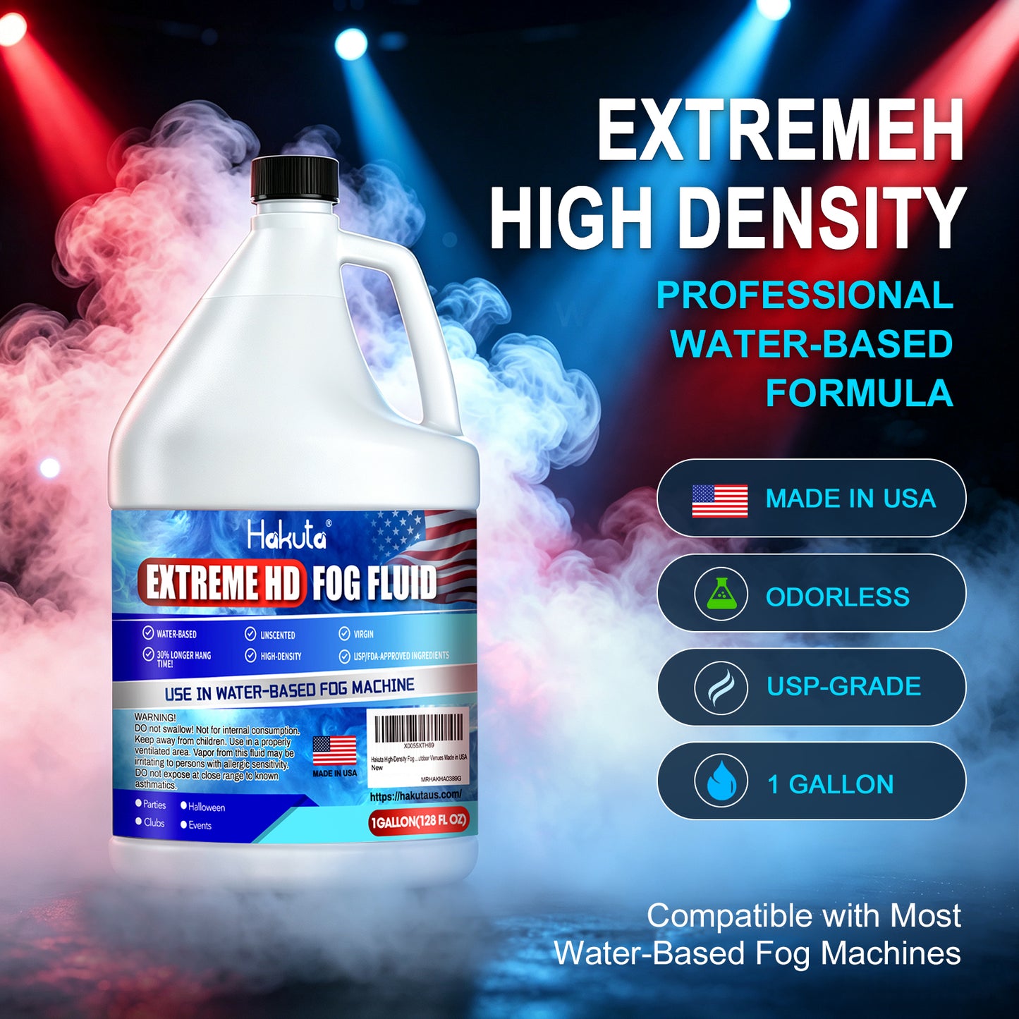 Hakuta EXTREMLY High-Density Fog Machine Fluid Made in USA, 1 Gallon High Output Long-Lasting Fog Juice,for 400-1500 Watt Water-Based Fog Machines,for Indoor and Outdoor Venues