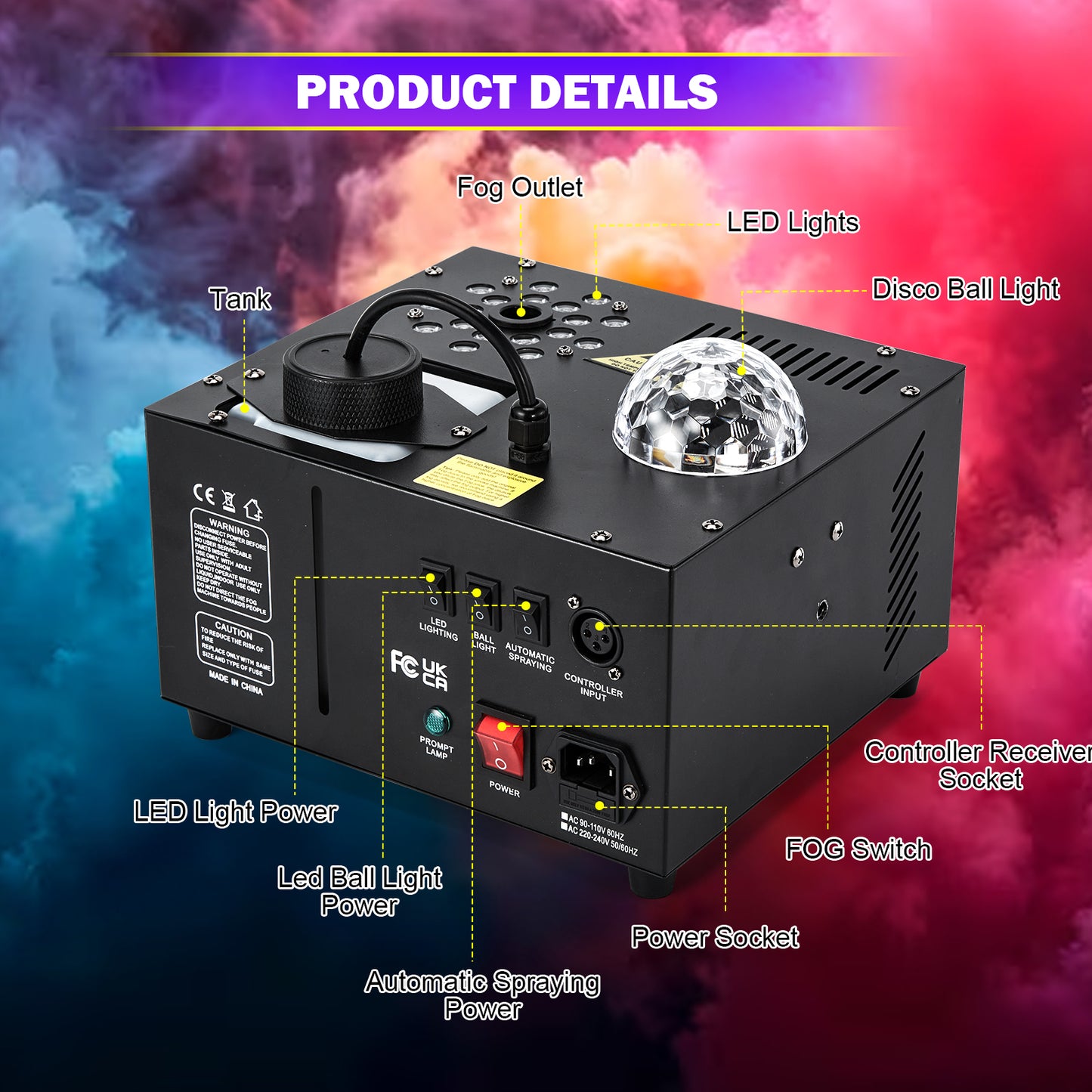 Hakuta 1500W Vertical Fog Machine with 18 LED Lights, Disco Ball with dry burn protection, for Halloween, Wedding, Disco Club, Christmas ,Party, DJ Performance